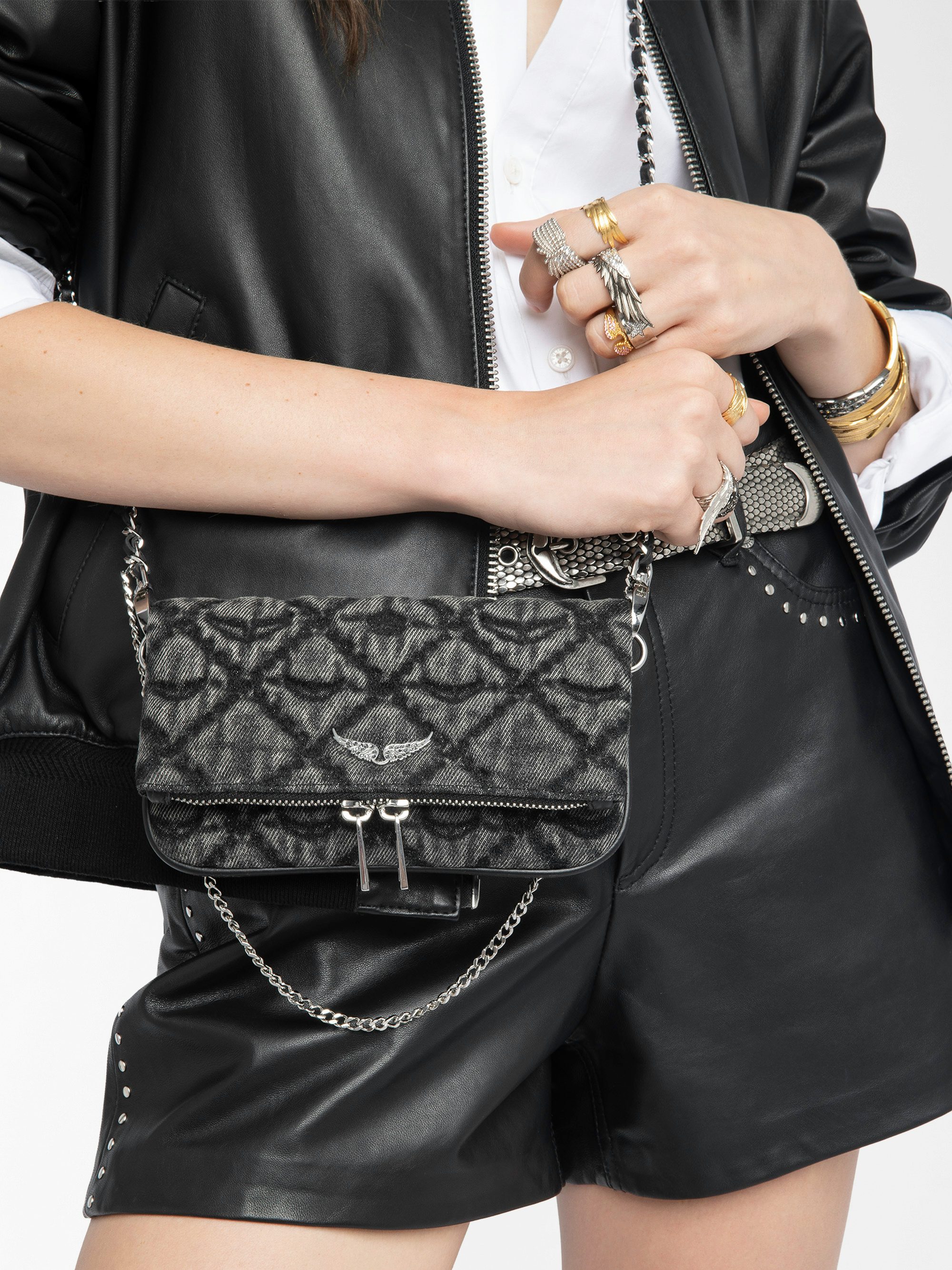 Rock Nano Monogram Clutch - Clutch in monogram denim with double leather and metal chains and rhinestone-embellished wings.